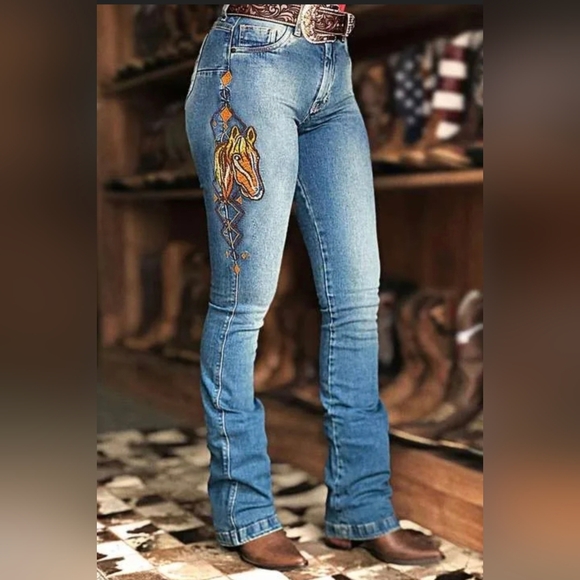 Flamingals Denim - Flamingals Horse Embroidery Bootcut Jeans